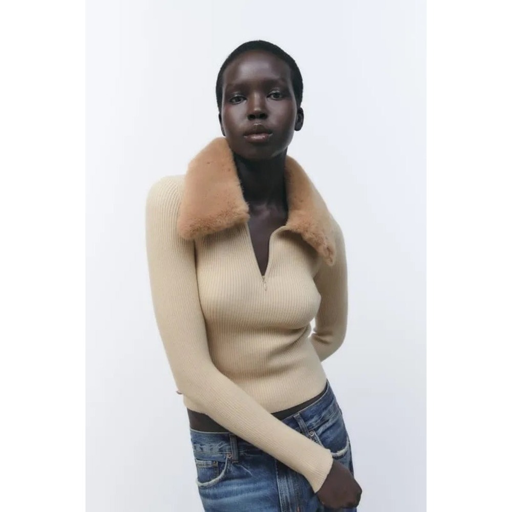NWT!! ZARA Faux Fur Lapel Knit Sweater Tan‎ Light Brown Zipper Pullover Small